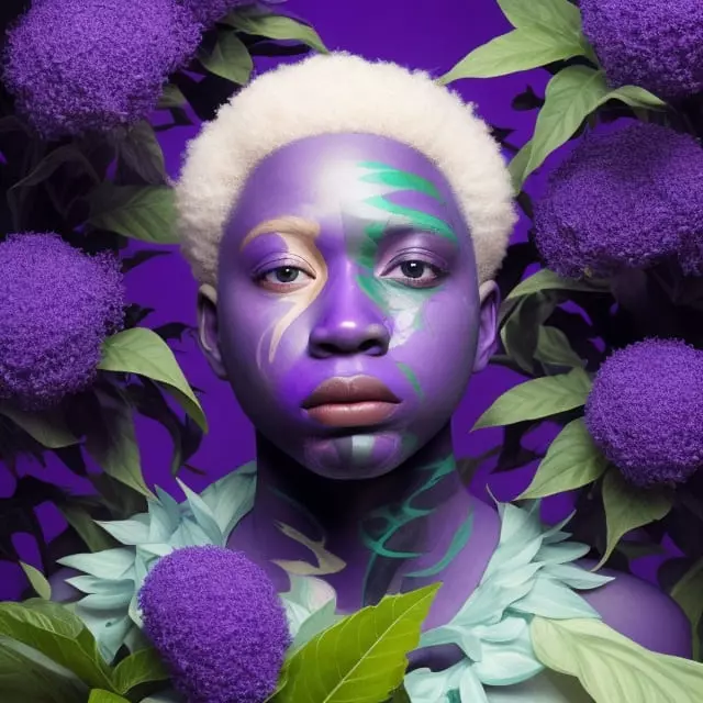 Man painted entirely in purple among purple flowers